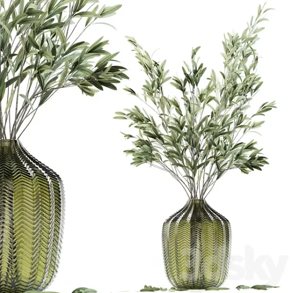 3DSky - Olive Stems in Green Glass Vase