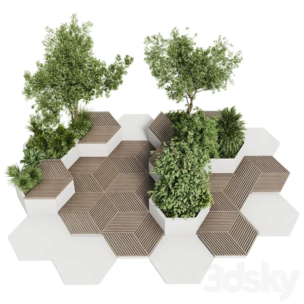 3DSky - Urban Environment Urban Furniture Green Benches With Tree 42