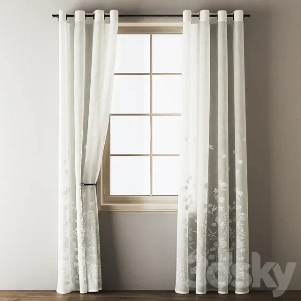 3DSky - Floral Embroidered Linen Eyelet Curtains
