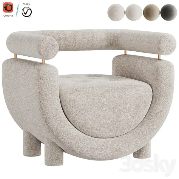 3DSky - Mel Armchair Wood Brass Beige Jacquard Velvet Pearl