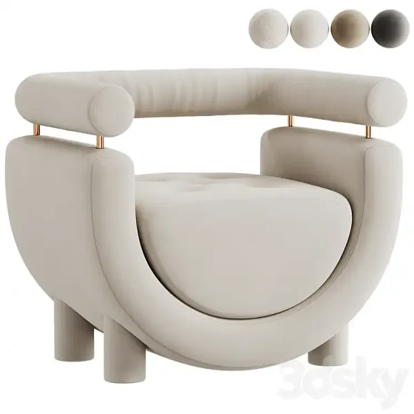 3DSky - Mel Armchair Wood Brass Beige Jacquard Velvet Pearl - Image 2