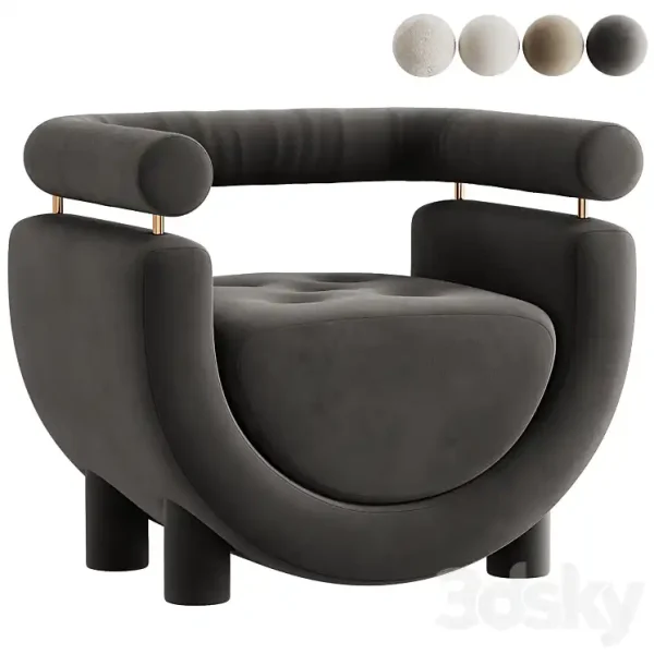 3DSky - Mel Armchair Wood Brass Beige Jacquard Velvet Pearl - Image 3