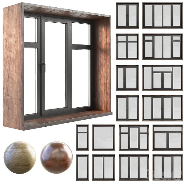 3DSky - A Set of Plastic Windows with Wooden Trim